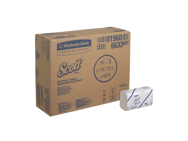 Handdoek Scott i-vouw 1-laags 20x31,5cm 25x175stuks wit 6633