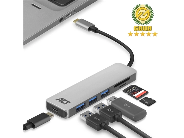 Hub ACT USB-C 3.0, 3x USB-A cardreader PD p-through