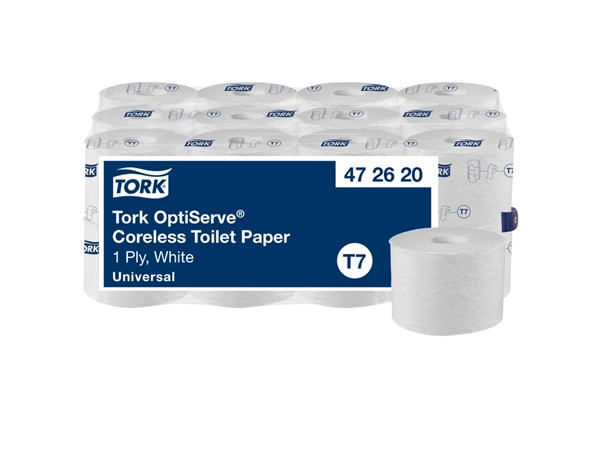 Een Toiletpapier Tork T7 Universal OptiServe Coreless 1-laags 144m wit 472620 koop je bij Omnia 4 Office