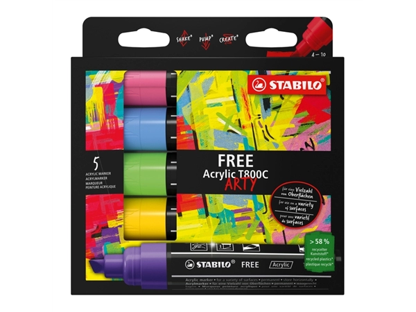 Een Acrylmarker STABILO Free Acrylic T800C Seaside assorti 5 stuks koop je bij Unimark Office B.V.