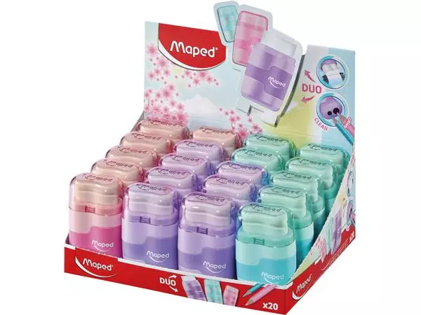 Een Puntenslijper Maped Connect 2gaats met gum display á 20 stuks pastel assorti koop je bij NiceSupplies.nl