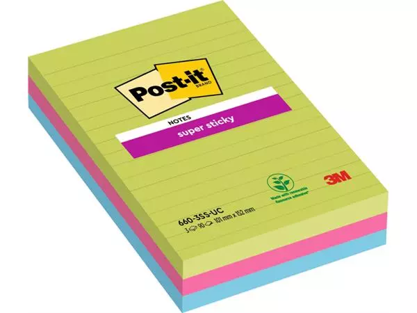 Memoblok Post-it 660 Super Sticky 102x152mm lijn rainbow 3 stuks