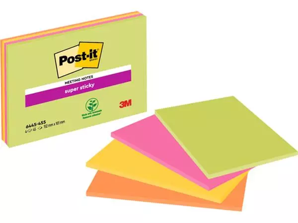 Memoblok Post-it 6445 Super Sticky 152x101mm assorti 4 stuks