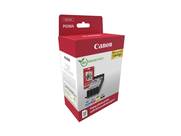 Een Inktcartridge Canon CLI-581 4 kleuren + 50vel fotopap 10x15cm koop je bij NiceSupplies.nl