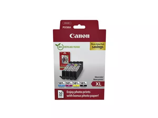 Een Inktcartridge Canon CLI-581XL 4 kleuren +50 vel fotopapier 10x15cm koop je bij QuickOffice BV