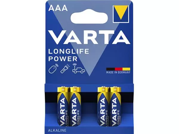 Een Batterij Varta Longlife Power 4xAAA koop je bij Van Leeuwen Boeken- en kantoorartikelen