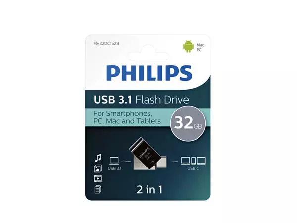 Een USB-stick 3.1 Philips USB-C 2-in-1 Midnight Black 32GB koop je bij Buro De Peuter