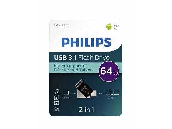 Een USB-STICK PHILIPS 3.1 USB-C 2-IN-1 64GB koop je bij Kantoorvakhandel van der Heijde