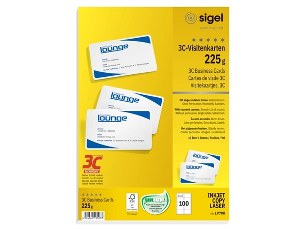 Een Cartes de visite Sigel 85x55mm uni 225g coins arrondis blanc 100 pièces koop je bij QuickOffice BV