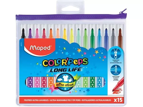 Een Viltstift Maped Color'Peps Long Life set á 15 kleuren koop je bij KantoorProfi België BV