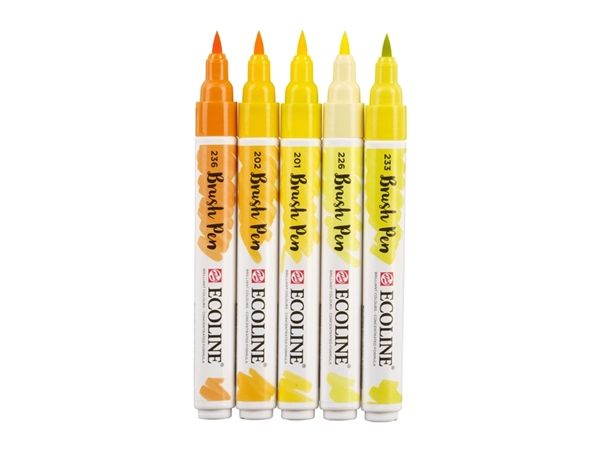 Een Brushpen Talens Ecoline set á 5 stuks geel koop je bij NiceSupplies.nl