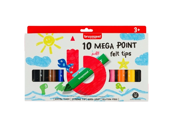 Een Viltstift Bruynzeel Kids Mega Point set à 10 kleuren koop je bij BUROPORT BV