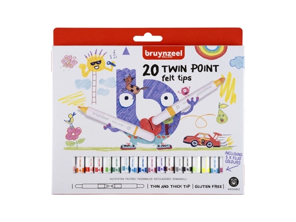 Een Viltstift Bruynzeel Kids Twin Point set à 20 kleuren koop je bij BUROPORT BV