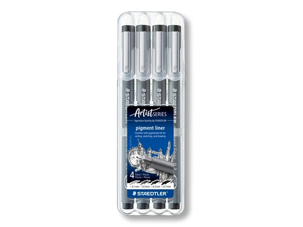 Een Fineliner Staedtler Pigment 308 zwart set 4 stuks koop je bij Van Leeuwen Boeken- en kantoorartikelen