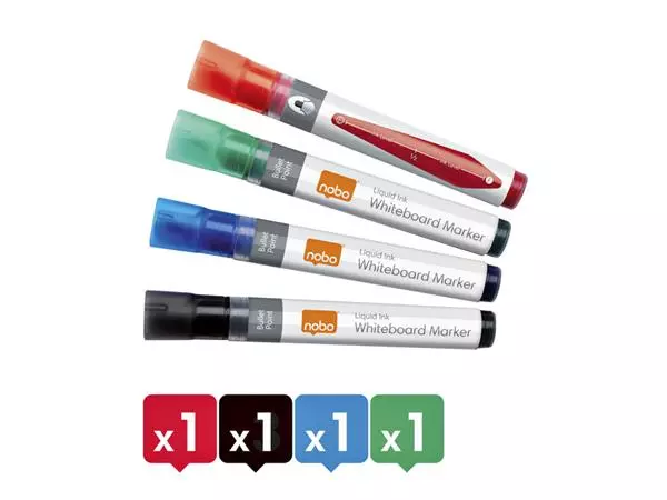 Een Viltstift Nobo whiteboard Liquid ink rond assorti 3mm 4st koop je bij Buro De Peuter