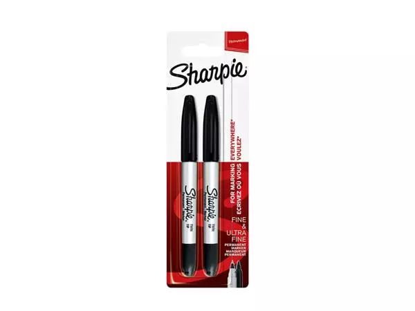 Een Viltstift Sharpie rond Twin tip ultra fijn & fijn zwart blister à 2 stuks koop je bij Unimark Office B.V.