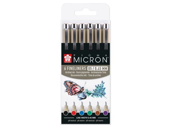 Een Fineliner Sakura Pigma Micron 05 basic set 6 kleuren koop je bij Unimark Office B.V.