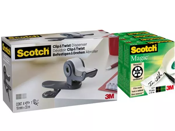 Een Plakbandhouder Scotch Clip C19 donkergrijs + 4rol magic tape 19mmx33m koop je bij EconOffice
