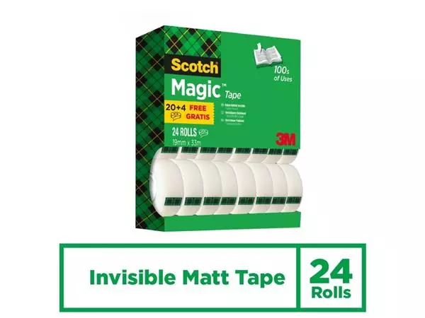 Een Plakband Scotch Magic 810 19mmx33m onzichtbaar mat 20+4 gratis koop je bij Buro De Peuter