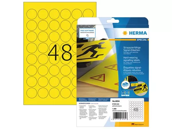 Een Etiket HERMA 8034 30mm rond weerbestendig geel 1200stuks koop je bij Van Leeuwen Boeken- en kantoorartikelen
