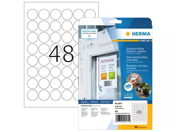 Een Etiket HERMA 4571 30mm rond folie wit 960stuks koop je bij KantoorProfi België BV