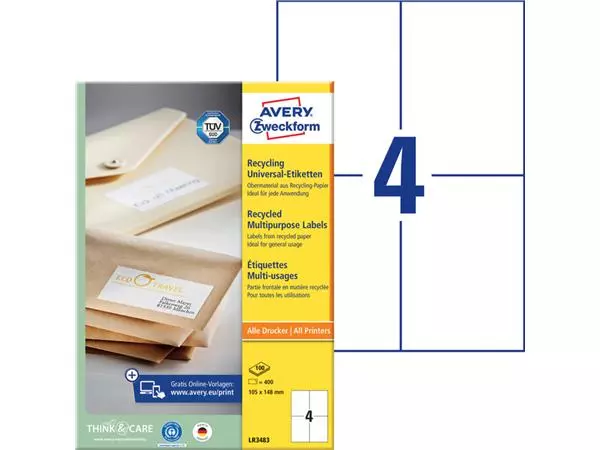 Een Etiket Avery Zweckform LR3483 105x148mm A6 recycled wit 400stuks koop je bij NiceSupplies.nl