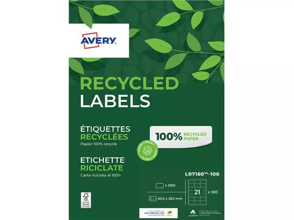 Een Etiket Avery LR7160-100 63.5x38.1mm recycled wit 2100stuks koop je bij Van Hoye Kantoor BV