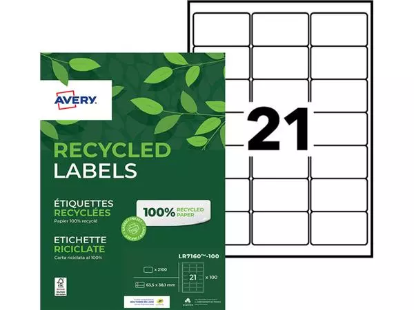 Een Etiket Avery LR7160-100 63.5x38.1mm recycled wit 2100stuks koop je bij Unimark Office B.V.