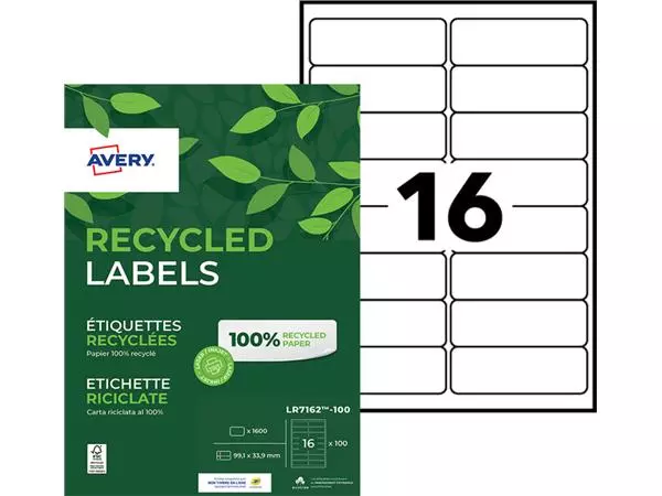 Een Etiket Avery LR7162-100 99.1x33.9mm recycled wit 1600stuks koop je bij NiceSupplies.nl