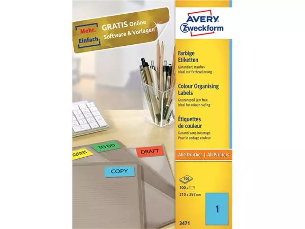 Een Etiket Avery Zweckform 3471 210x297mm A4 blauw 100stuks koop je bij Alles voor uw kantoor