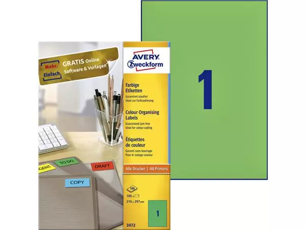 Een Etiket Avery Zweckform 3472 210x297mm A4 groen 100stuks koop je bij Alles voor uw kantoor