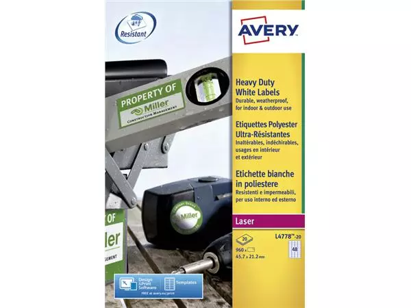 Een Etiket Avery L4778-20 45.7x21.2mm polyester wit 960stuks koop je bij EconOffice