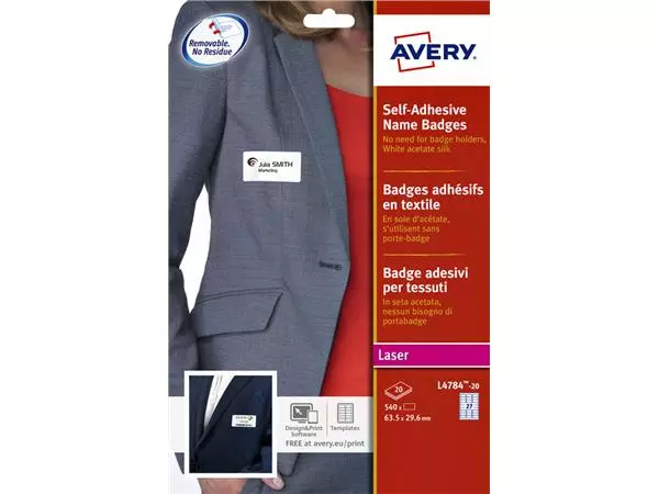 Een Naambadge etiket Avery L4784-20 63.5x29.6mm zk 540stuks koop je bij Van Leeuwen Boeken- en kantoorartikelen
