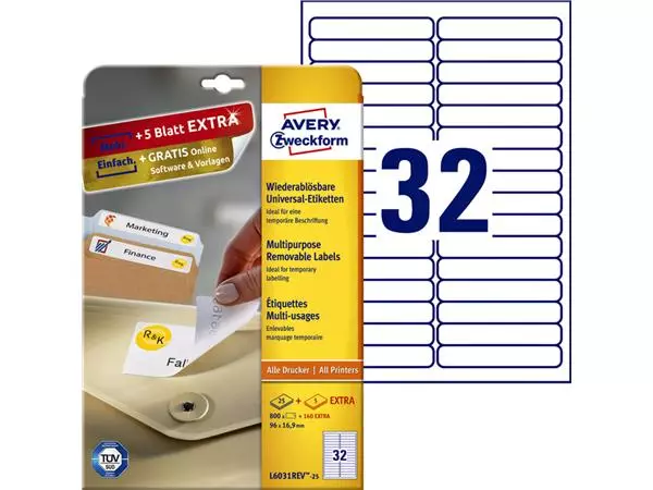 Etiket Avery Zweckform L6031REV-25 96x16.9mm afneembaar wit 800stuks