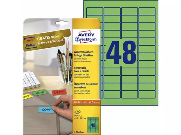 Een Etiket Avery Zweckform L6040-20 45.7x21.2mm groen 960stuks koop je bij KantoorProfi België BV
