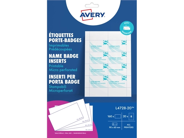 Een Badgekaart Avery L4728-20 60x90mm microperforatie 20 vel koop je bij KantoorProfi België BV