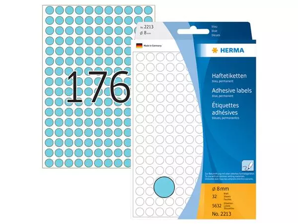 Een ETIKET HERMA 2213 ROND 8MM BLAUW 5632STUKS koop je bij Kantoorvakhandel van der Heijde