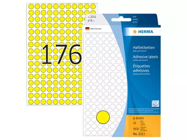Een Etiket HERMA 2211 rond 8mm geel 5632stuks koop je bij Van Hoye Kantoor BV