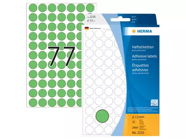 Een Etiket HERMA 2235 rond 13mm groen 2464stuks koop je bij NiceSupplies.nl