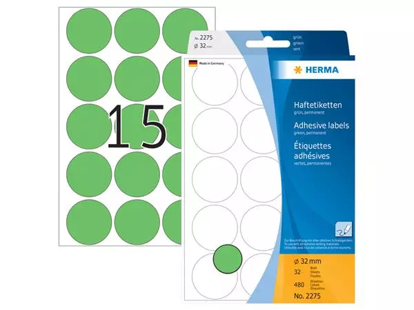 Een Etiket HERMA 2275 rond 32mm groen 480stuks koop je bij NiceSupplies.nl