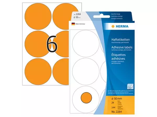 Een Etiket HERMA 2284 rond 50mm fluor oranje 144stuks koop je bij NiceSupplies.nl