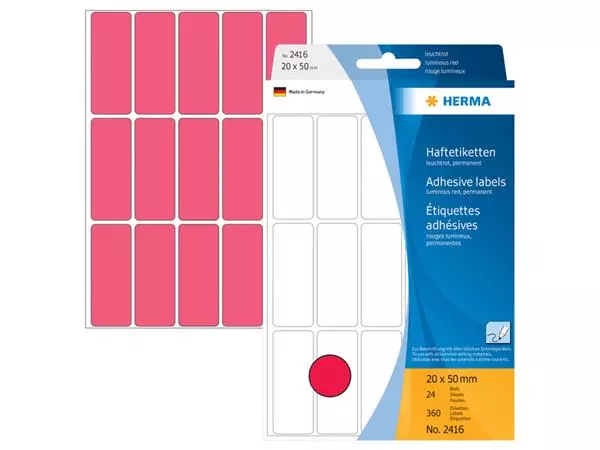 Een ETIKET HERMA 2416 20X50MM FLUOR ROOD 360STUKS koop je bij Kantoorvakhandel van der Heijde