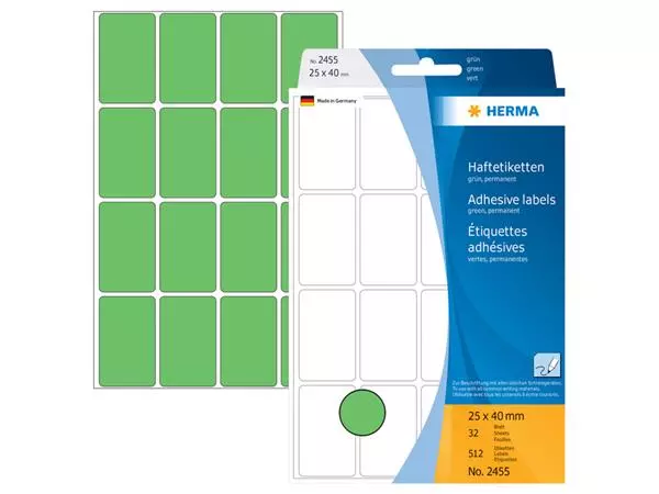 Een Etiket HERMA 2455 25x40mm groen 512stuks koop je bij NiceSupplies.nl