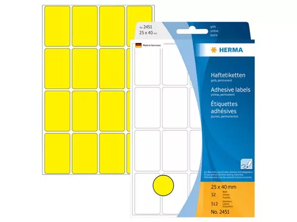 Een Etiket HERMA 2451 25x40mm geel 512 stuks koop je bij KantoorProfi België BV