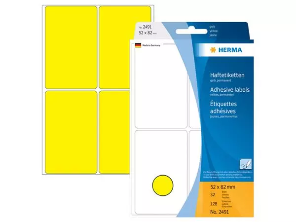 Een Etiket HERMA 2491 52x82mm geel 128 stuks koop je bij Unimark Office B.V.