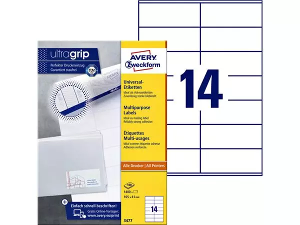 Een Etiket Avery Zweckform 3477 105x41mm wit 1400stuks koop je bij KantoorProfi België BV