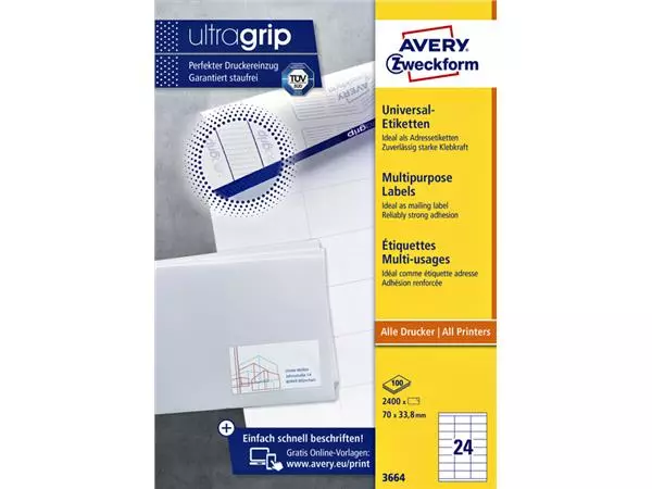 Een Etiket Avery Zweckform 3664 70x33.8mm wit 2400stuks koop je bij QuickOffice BV