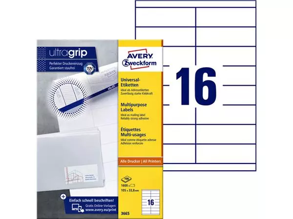 Een Etiket Avery Zweckform 3665 105x33.8mm wit 1600stuks koop je bij NiceSupplies.nl