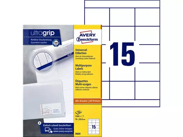 Een Etiket Avery Zweckform 3669 70x50.8mm wit 1500stuks koop je bij EconOffice