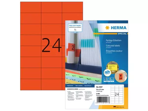 Een Etiket HERMA 4407 70x37mm rood 2400stuks koop je bij KantoorProfi België BV